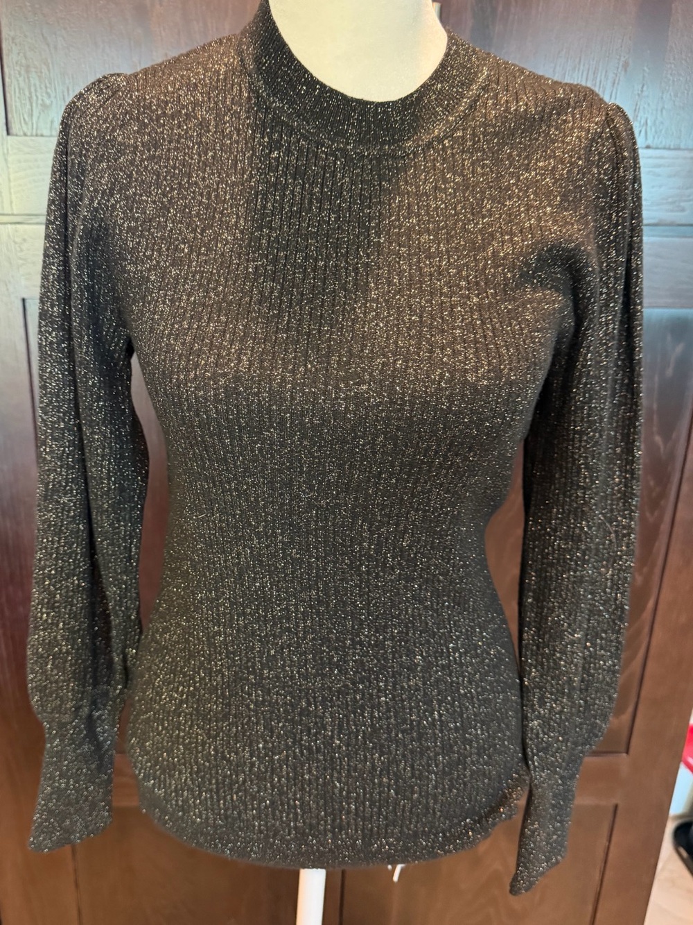 LOFT Shimmer Ribbed Puff Sleeve Sweater Black Gold Metallic Size M